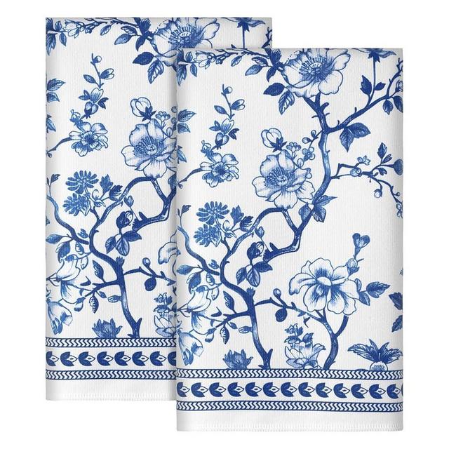 HunnmingRe 2 Pcs Chinoiserie Floral Kitchen Towels Blue White Flowers Dish Towels 18 x 28 Inch Vintage Farmhouse Cottage Decor Toile De Jouy Dish Microfiber Hand Drying for Bathroom French Country