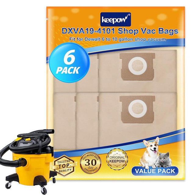 KEEPOW 6 Pack Shop Vac Bags for Dewalt 6-10 Gallon Wet/Dry Shop Vacuums – Compatible with Dewalt DXV06P, DXV09P, DXV10P, DXV09PA, DXV10PL, DXV10S, DXV10SA, DXV10SB