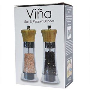Vina Manual Salt Pepper Grinder Set of 2, Wood Top Pepper Mill and Salt Mill with Ceramic Adjustable Rotor, Chess Piece Design - Free Garlic Roller Included