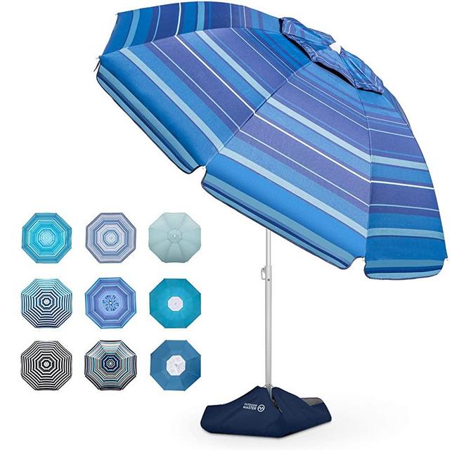 OutdoorMaster Beach Umbrella with Sand Bag - 6.5ft Beach Umbrella with Sand Anchor, UPF 50+ PU Coating with Carry Bag for Patio and Outdoor - Dark Blue Striped