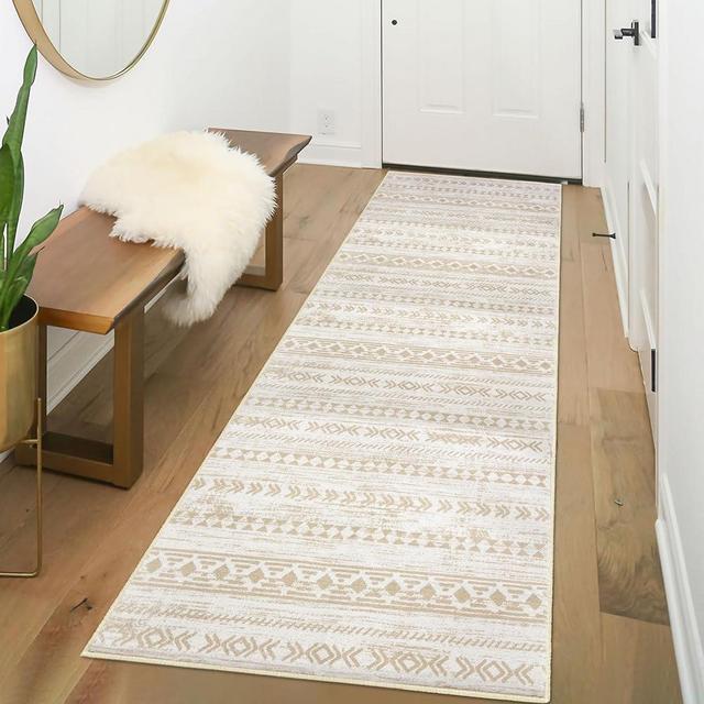 Alfasoft Moroccan Washable Runner Rug 2x6, Non-Slip Vintage Beige Neutral Boho Runners for Hallways Kitchen Rugs Soft Print Distressed Geometric Floor Carpet Runner for Bedroom Bathroom Laundry