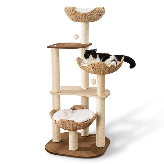 Big Modern Design Cat Tree Tower with White Cloud Mat, Unique Cat Supplies Tower with Scratching Post, Cute Wood Cat Tree Cat Furniture Activity Centre for Indoor Big Cats