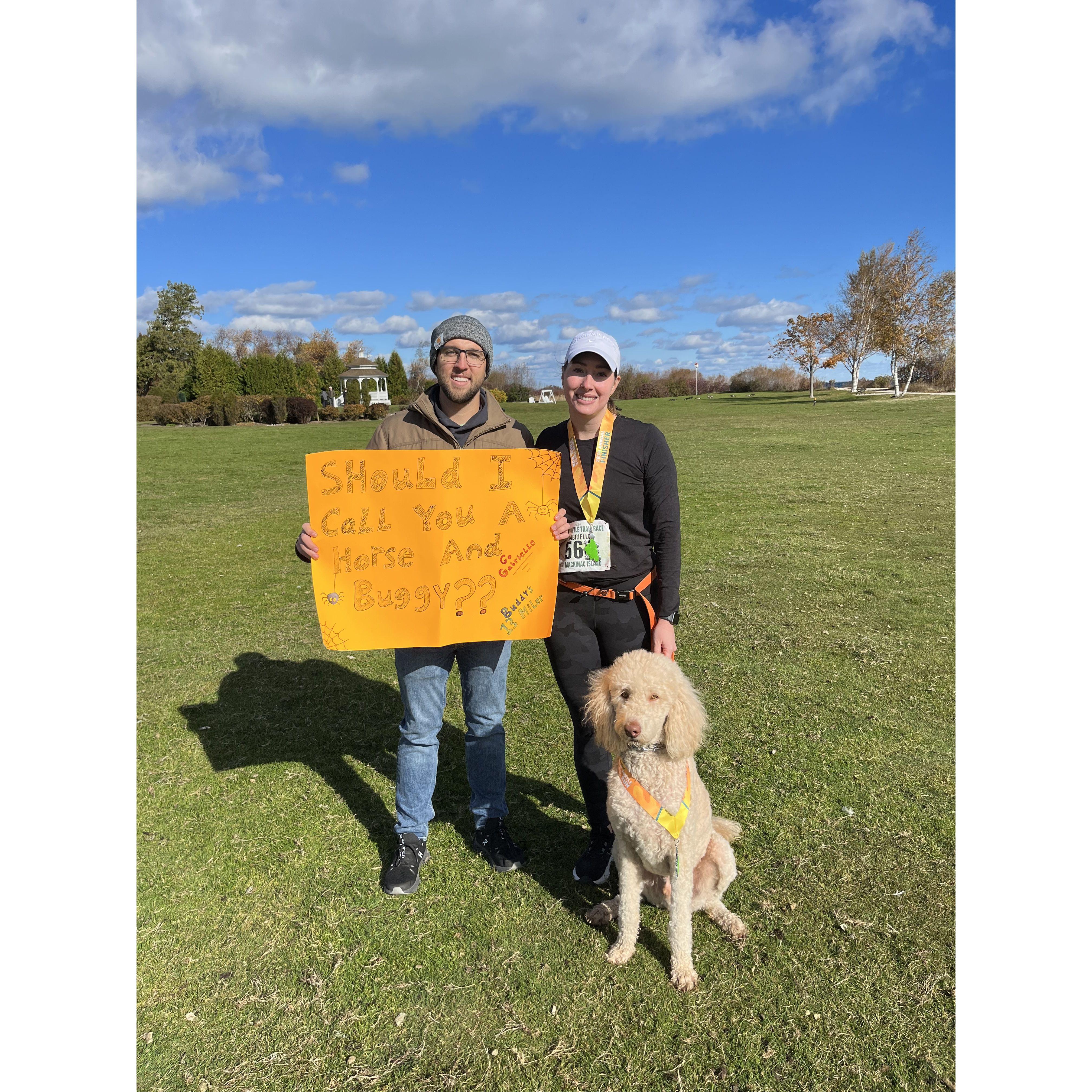 Gabrielle and Buddy running the Mackinac Island half marathon.