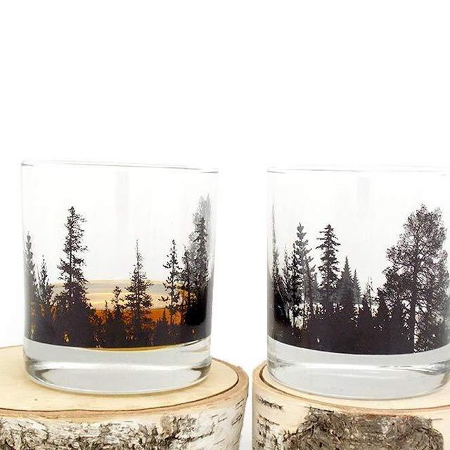 Whiskey Glasses - Forest Landscape - Set of Two Heavy Base Rock Glasses - Whiskey Glass Set