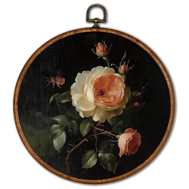 KSDUT Retro Flower Wall Art Decor - Botanical Neutral Mid Century Modern Wall Art Canvas Frame Hanging Prints, Vintage Landscape Round Wall Art Decor for Bedroom Decorations 10"x10"