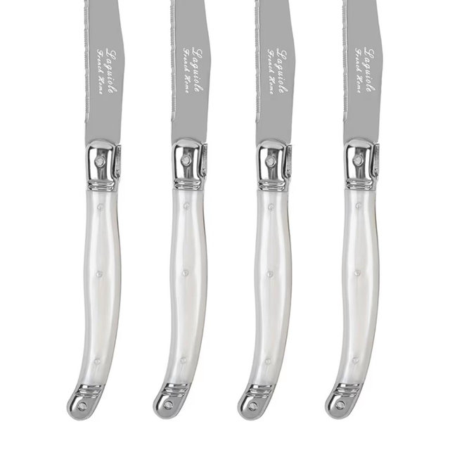 French Home Laguiole Connoisseur 4-Piece Steak Knife Set – Stainless Steel with Pearl White Handles, Etched Detailing & Napoleon Bee Emblem – Serrated Knives for Smooth Cutting (9.25")