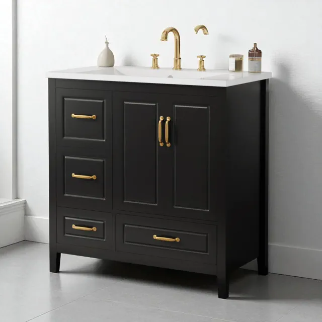 36" Freestanding Bathroom Vanity with Resin Sink, Soft-Close Cabinet & 4 Drawers, Gold Metal Handles, Open Back Design