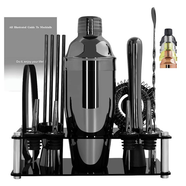 14-Piece Cocktail Shaker Set Bartender Kit with Black Stand, Bar Tool Set for Drink Mixing Bartending Kit Bar Sets Accessories: 750ml(25oz) Shaker, Jigger, Muddler, Cocktail Recipes (Black)
