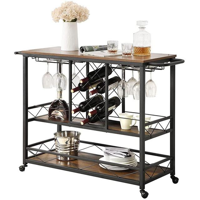 ASYA Industrial Bar Cart for Home with Wine Rack and Glass Holder, 3-Tier Rolling Kitchen Serving Cart with Wheels and Handles, Mini Bar Cabinet, Retro Brown