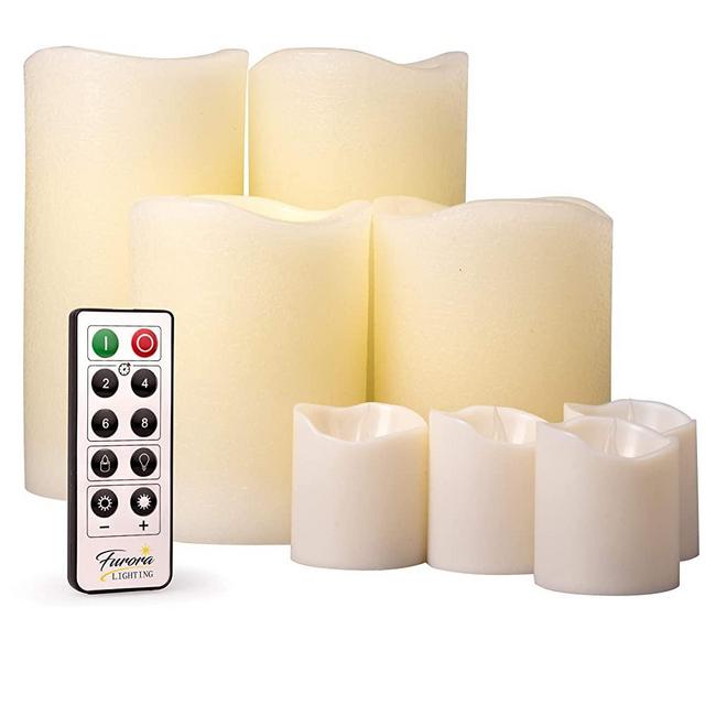 Furora LIGHTING LED Flameless Candles with Remote Control, Set of 8, Real Wax Battery Operated Pillars and Votives LED Candles with Flickering Flame and Timer Featured - Ivory
