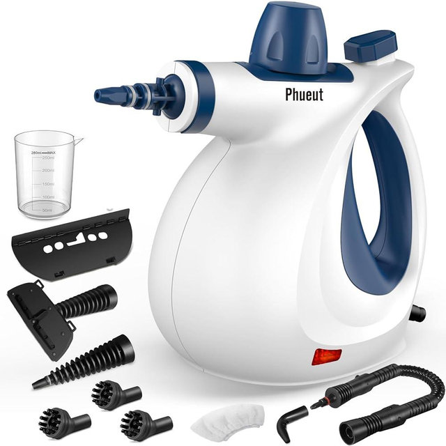 Pressurized Handheld Multi-Surface Natural Steam Cleaner with 12 pcs Accessories, Multi-Purpose Steamer for Home Use, Steamer for Cleaning Floor, Upholstery, Grout and Car (White&Blue)