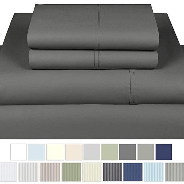 Threadmill Home Linen 600 Thread Count Queen Bed Sheets Set - 100% Extra-Long Staple Cotton Sheets for Queen Size Bed with Deep Pocket, Luxury 4 Piece Bedding Set, Smooth Solid Sateen Weave, Dark Grey