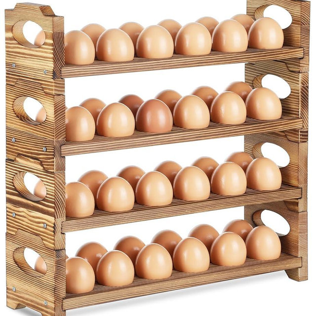 AOOHOOA Wooden Egg Holder with 4 Layers/48-Hole, Stackable Wood Egg Rack Countertop with Handle, Stores Chicken/Duck/Quail/Turkey/Easter Eggs