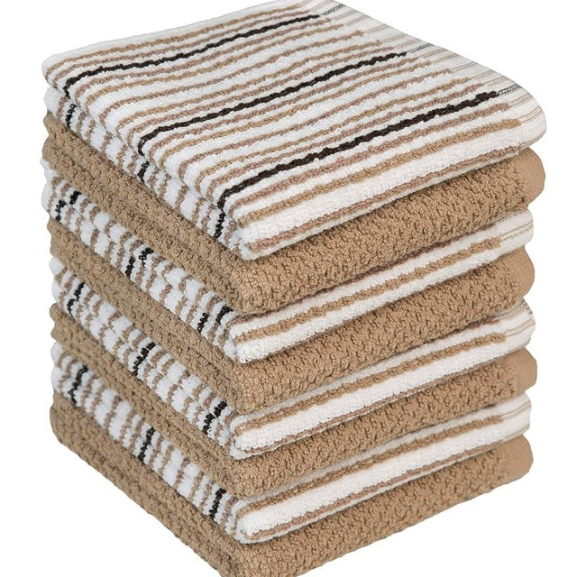 Bumble Premium Dish Cloths Towel 12"x12" | 100% Natural Ring Spun Cotton Tea Towel Set | 430 GSM | Highly Absorbent & Soft Dish Towels | 8 Pack - 4 Popcorn Striped & 4 Solid Kitchen Towels - Tan
