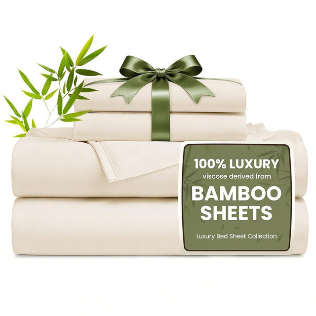 Love's cabin 4 Piece Full Size Sheet Set, 100% Rayon Derived from Bamboo, Cooling & Breathable, Soft Silky Deep Pocket up to 16", Hotel Luxury Bedding for Hot Sleepers, Beige