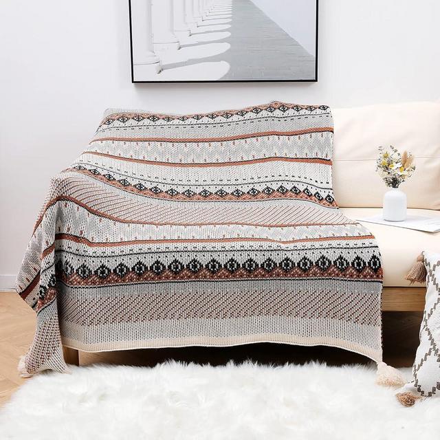 LumiSyne Knitted Throw Blanket Vintage Tassel Bohemian Ethnic Style Geometric Pattern Cozy Armchair Cover Warm Throws for Sofa Couch Bed Shawl Blanket 220x130cm