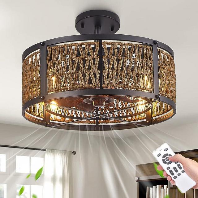 DRNANLIT Caged Bladeless Ceiling Fan with Light,Farmhouse Handmade Enclose Ceiling Fan Lights 6 Speeds,Rustic Ceiling Light with Fan for Kitchen,Bedroom,Living Room