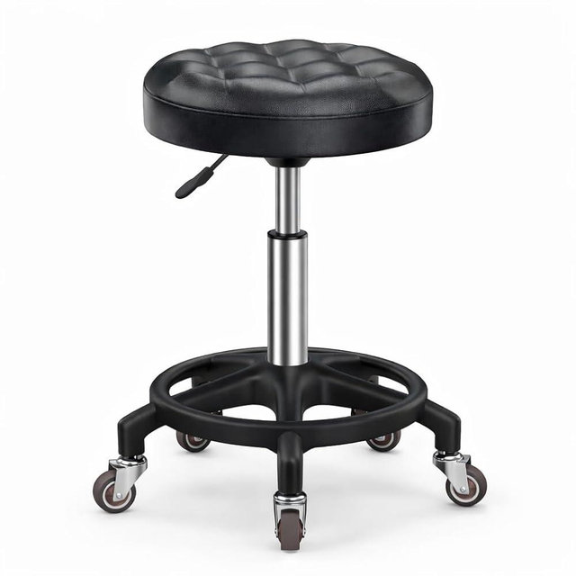 KinShare Upgraded Rolling Work Stool, Height Adjustable Swivel Stool with Wheels, Thick Padded Seat, Quiet Rubber Casters, Easy Assembly, for Garage, Salon, Workshop & Home, Black & Silver