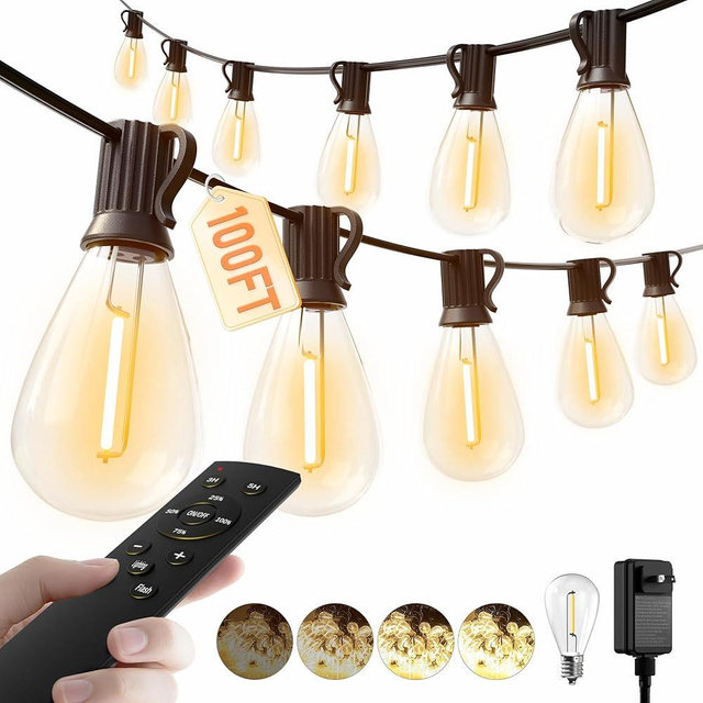 luckystyle 100FT LED Outdoor String Lights with Remote, 35+ 1 Shatterproof Bulbs Waterproof and Dimmable Patio Lights for Porch, Garden, Backyard, Deck, Balcony, 2200K Hanging Lighting