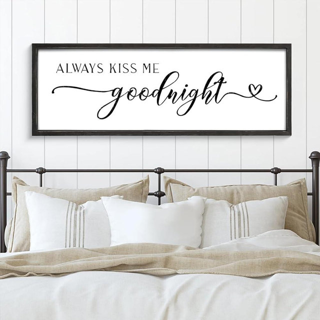 UPPER DECOR Always Kiss Me Goodnight Wall Sign 42''×15'' Large Above Bed Wall Decor Bedroom Sign Bedroom Decor with Solid Wood Framed, Couples Love Theme Wall Decor (Black)