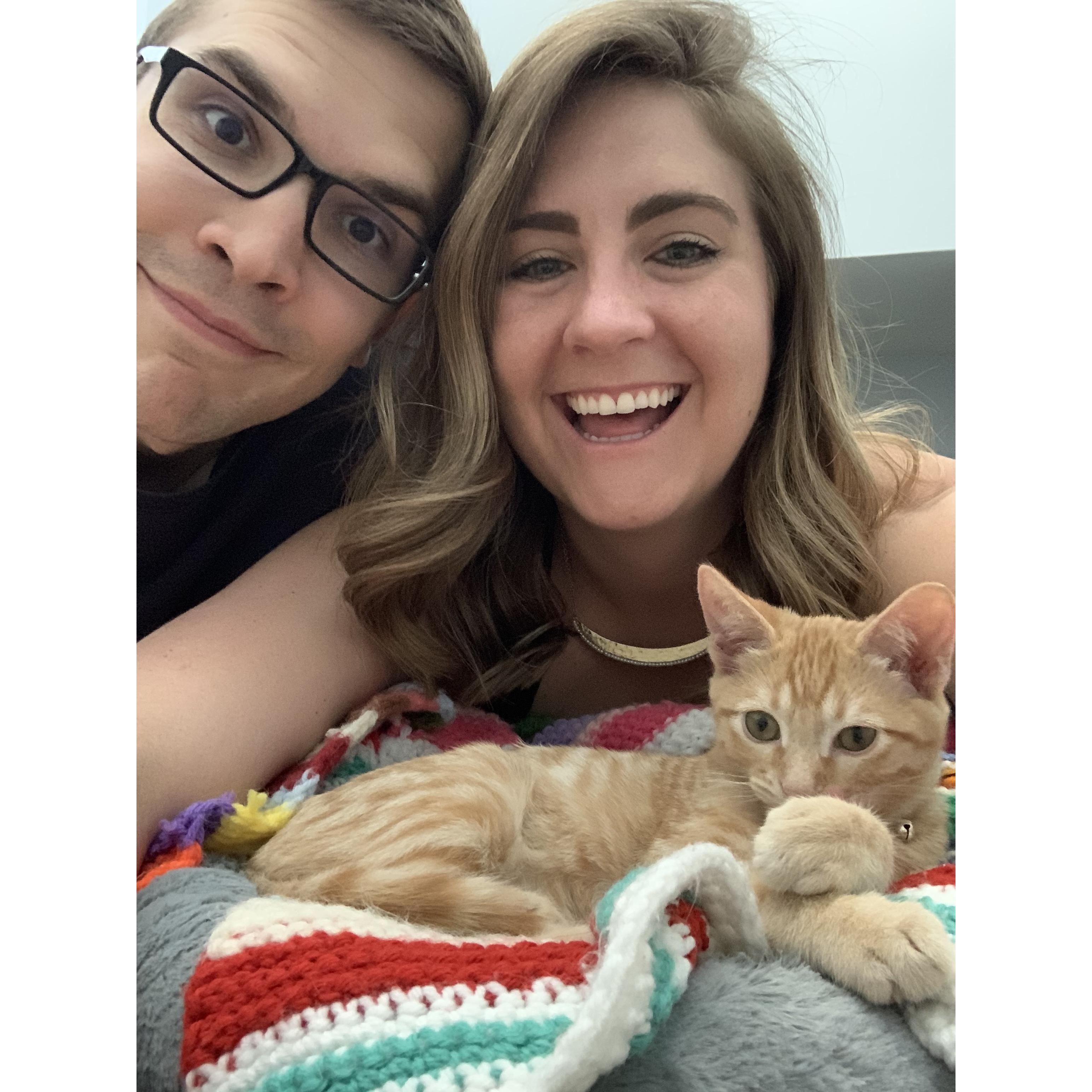 June 2nd, 2020: Madison, Joel, and Hotdog take their first quality family photo! Christmas-card quality, don't you think?