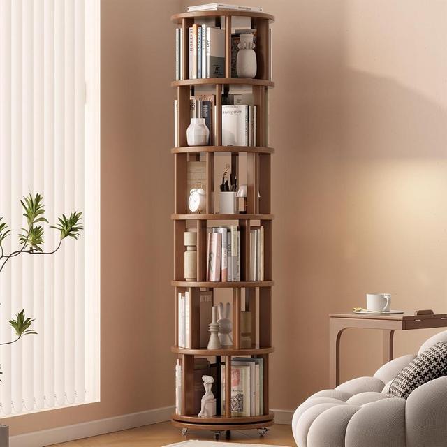 Muwuele Solid Wood Rotating Bookshelf on Wheels, 6 Tier, Round Revolving Bookcase, 360° Spinning Book Shelf Tower Kids, Narrow Rolling Bookshelves for Small Space, Corner, Bedroom, Office, Walnut