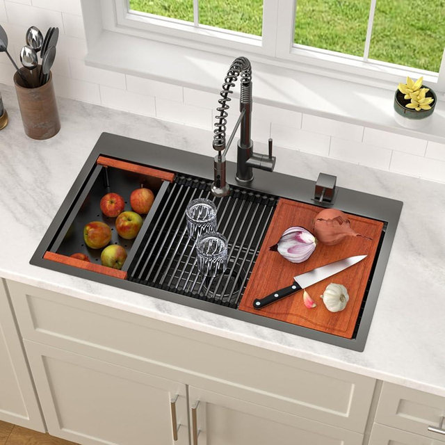 Dcolora 33x19 Black Kitchen Sink Drop In with Workstation Handed-Welding 16 Gauge 304 Stainless Steel Nano Coating Large Single Bowl Drop In Sink Top Mount 33”x19”x10” Matte Black,DC-TBW001