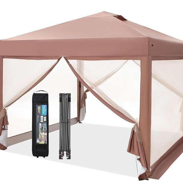 PHI VILLA 10 x 10 Pop Up Canopy Tent with Netting, Instant Gazebo, Ez up Screen House Room with Carry Bag, Height Adjustable, for Outdoor, Garden, Patio,Brown