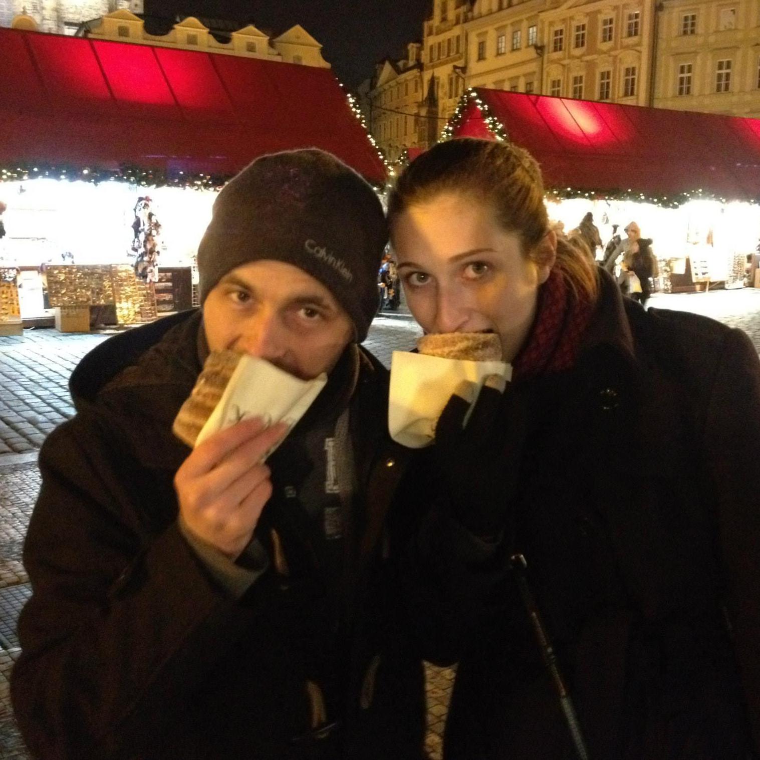 the couple that tries new foods together, stays together. Prague Christmas market