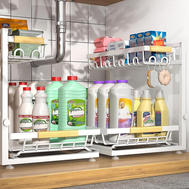 Sevenblue 2 Packs Under Sink Organizer, Height Adjustable 2 Tier Under Kitchen Sink Organizer, Multi-Purpose Storage Shelf for Kitchen Bathroom Cabinet (White, Extra Large)