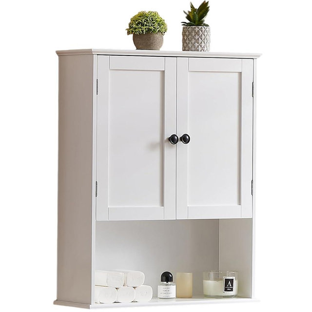 elnure Bathroom Wall Cabinet, White 30" x 24" Wood Wall Mounted Medicine Cabinet, Hanging Cabinet Over Toilet Storage Adjustable Shelves Cupboard with Large Space for Laundry Room, Bedroom Kitchen
