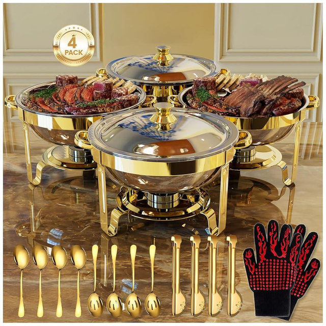 Round Chafing Dishes for Buffet 4 Pack, 6QT Chafers and Buffet Warmers Sets with 2 Heat-Proof Gloves, 4 Spoons, 4 Slotted Spoons & 4 Tongs, Gold Chafing Dishes for Buffet Parties Gatherings