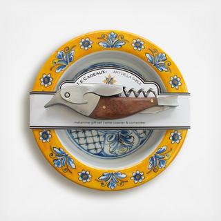 Benidorm Melamine Wine Coaster & Wood Corkscrew Gift Set