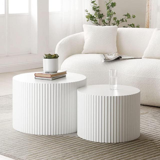 JURMALYN Round Drum Coffee Table White Nesting Coffee Table Set of 2 Modern Wood Side Tables End Table for Living Room Office White