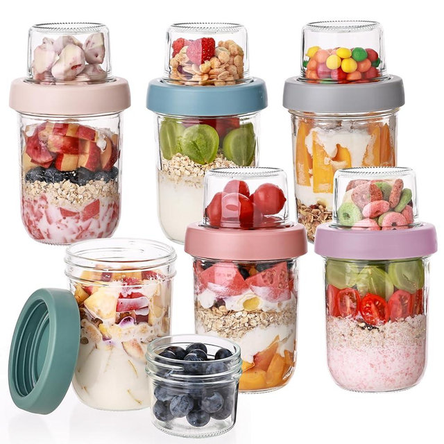 6 Pack Overnight Oats Containers with Lids, 16 OZ Dual Layer Glass Mason Jars with Dry and Wet Separation, Airtight Leak Proof Oatmeal Container for Chia Pudding, Yogurt, Breakfast, Cereal