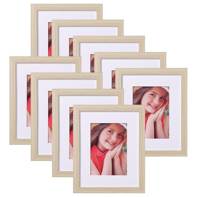 Vittanly 8x10 Picture Frames for Wall Set of 9, Display 5x7 Pictures with Mat or 8x10 without Mat, Collage Frames for Wall or Tabletop, Perfect for Home Décor and Gifts, Oak
