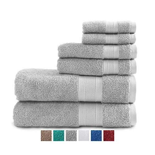 TRIDENT Soft & Plush 100% Cotton Towels, 6 Piece Set - 2 Bath Towels, 2 Hand Towels, 2 Washcloths, Super Soft and Highly Absorbent (Silver)