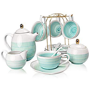 Sweejar Porcelain Tea Sets,8 oz Cups and Saucer Teaspoon Set of 4, with Teapot Sugar Bowl Cream Pitcher and tea strainer for Tea/Coffee,Afternoon Tea Party (Blue2)