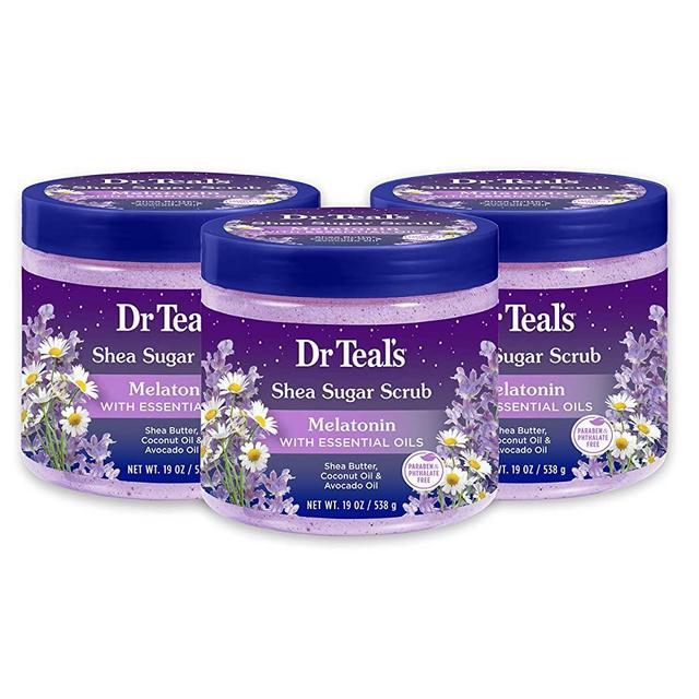Dr Teal's Shea Sugar Body Scrub, Melatonin with Essential Oils, 19oz (Pack of 3) (Packaging May Vary)