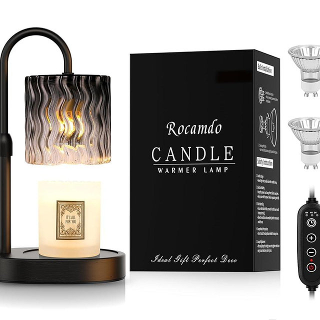Rocamdo Candle Warmer Lamp with Timer, Dimmable Candle Lamp Warmer for Home Decor, Adjustable Height Wax Melt Warmer Lamp with 2 Bulbs Birthday Christmas Gifts for Women (Black)