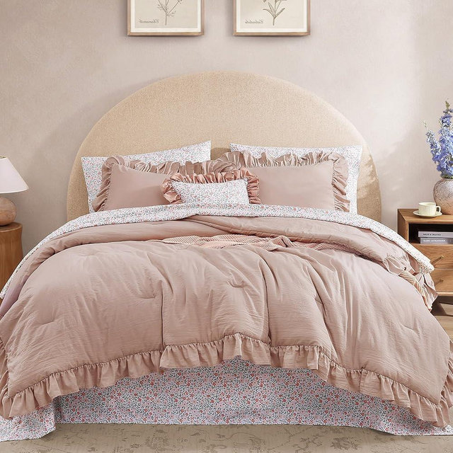 BLOOMHAVEN Queen Comforter Set - 7 Pieces Ruffle Pink Bedding Sets, Shabby Chic Farmhouse Bed in a Bag Queen with Ruffle Comforter, Floral Sheets, Pillowcases & Shams