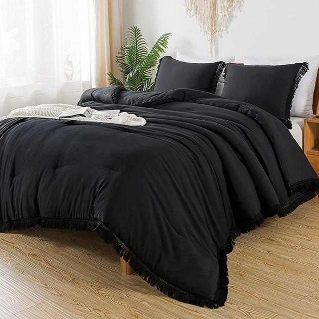 Andency Black Queen Comforter, 3 Pieces Boho Tassel Lightweight Bedding Comforter Sets Queen Bed, All Season Soft Fluffy Fringe Bed Set (90x90In Comforter & 2 Pillowcases)