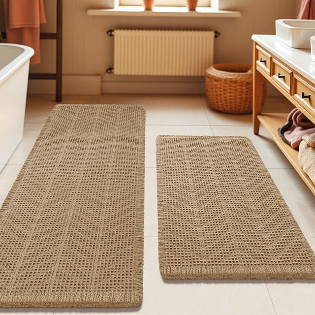 Upgrade Waffle Bath Mat Set 2 Piece, Boho Bathroom Rugs Absorbent Non Slip, Soft Bathroom Mats, Machine Washable Knit Bath Rugs with Herringbones for Bathroom, Bedroom, Kitchen, Shower, Tub, Beige
