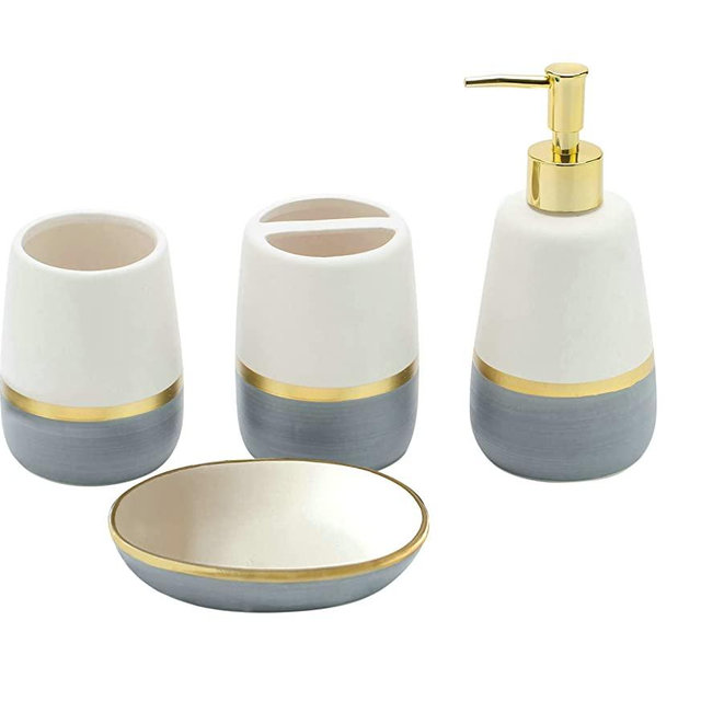 Grey Gold Bathroom accesory Set 4pc,Toothbrush Holder soap Dispenser soap Dish Tumble Cup for Bathroom Decor and Gift (Grey)
