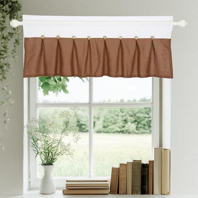 FUANGUI Linen Valances for Windows 52" W x 18" L Kitchen Curtains Window Valances, Farmhouse Curtains Pleated Color Block Design with Coconut Husk Button Detail