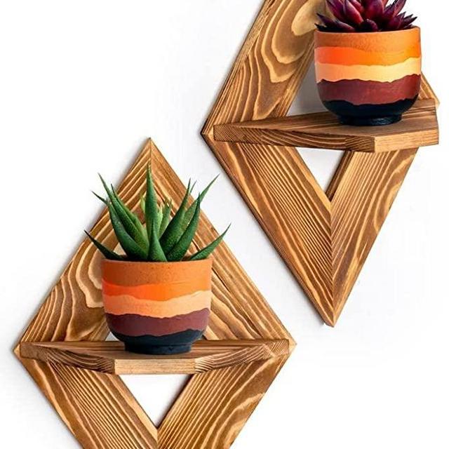 Geometric Wall Plant Shelf Set - 2 Pieces Wooden Floating Shelves for Wall Decor - Plant Wall Shelf - Decorative Wall Shelves for Living Room - Rustic Wood Floating Plant Shelves Indoor Wall
