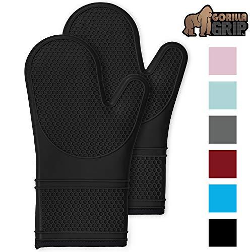 Gorilla Grip Premium Silicone Non Slip Oven Mitt Set, Flexible Oven Gloves, Professional Heat Resistant Kitchen Cooking Mitts, Protect Hands from Hot Surfaces, Cookie Sheets, Black Pair, Set of 2