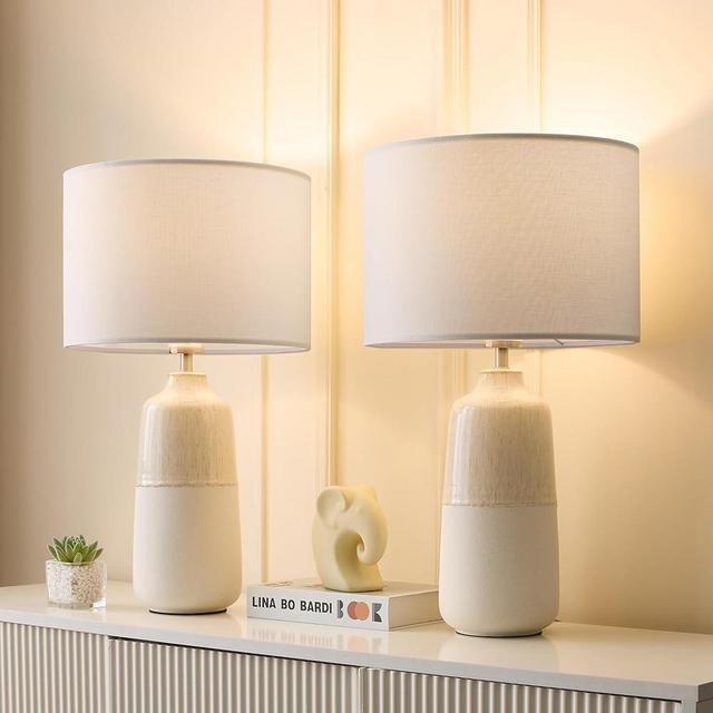 Tall Ceramic Table Lamp Set of 2, White Lamps for Bedroom Farmhouse Rustic Lamp Set Bedside Nightstand Lamps Set of Two Side Table Lamps for Living Room, 22IN