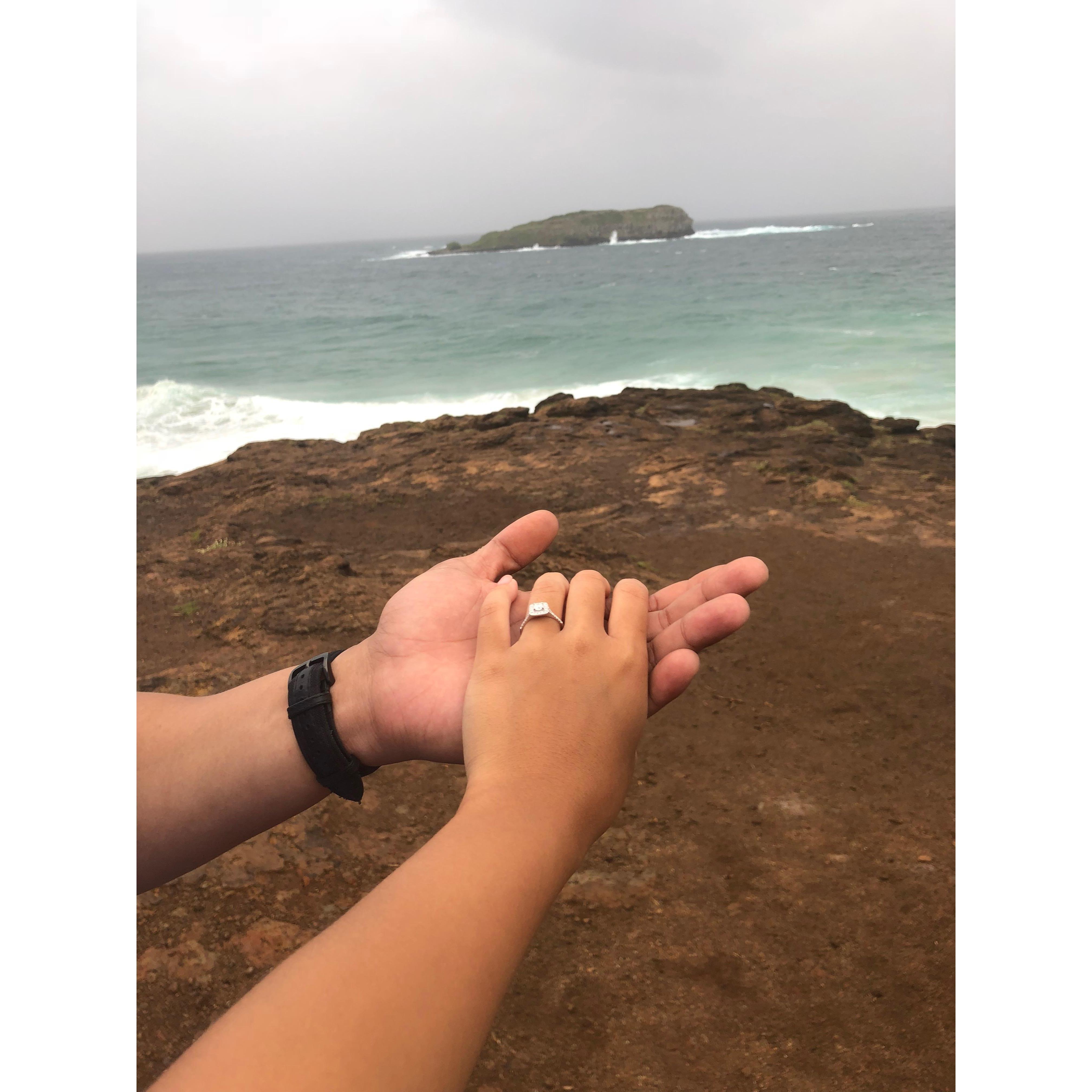 He was hoping for a sunset proposal. We got there and it was windy! My tripod with the camera on fell hard on the rocks and the side of the lens had chipped. It did not matter- except this one moment