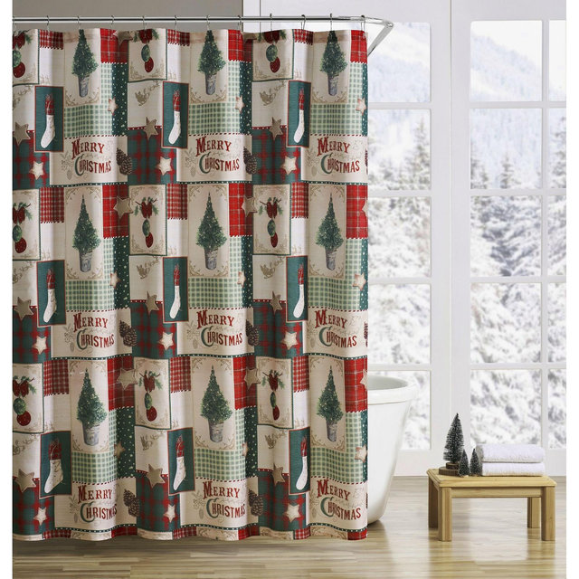Kate Aurora Merry Christmas Evergreens & Ornaments Plaid Farmhouse Fabric Shower Curtain